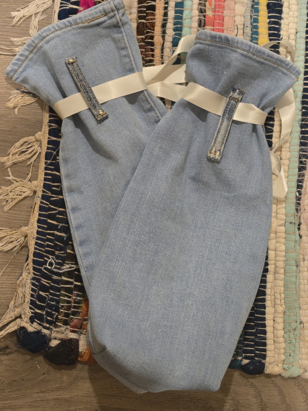 Light Blue Denim Decorative WINE gift Bags Custom Made - Set of 2
